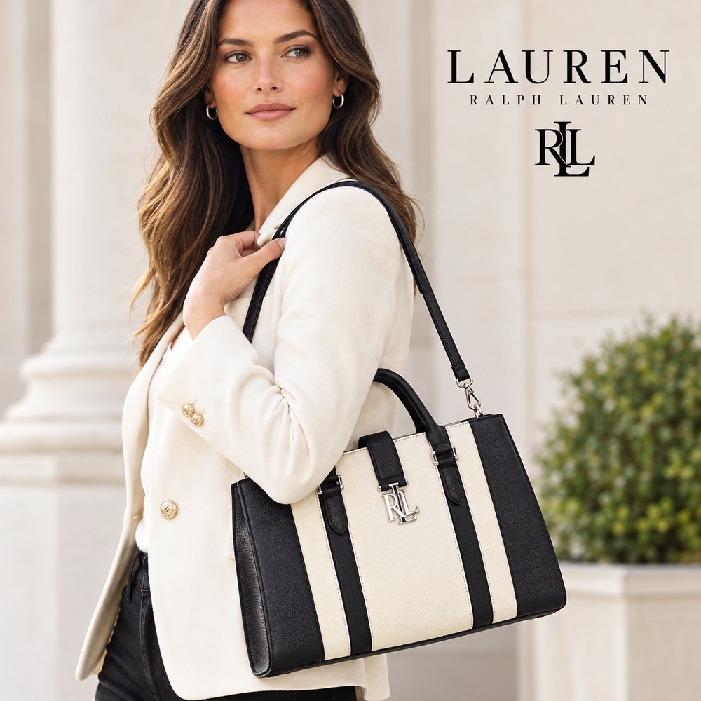 Lauren Ralph Lauren Black Cream Pebbled Leather Satchel Crossbody Bag RLL